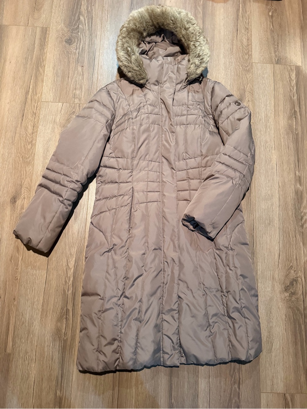 Calvin Klein Quilted Long Puffer Coat Trench Beige Tan Large Faux Fur Lined Hood